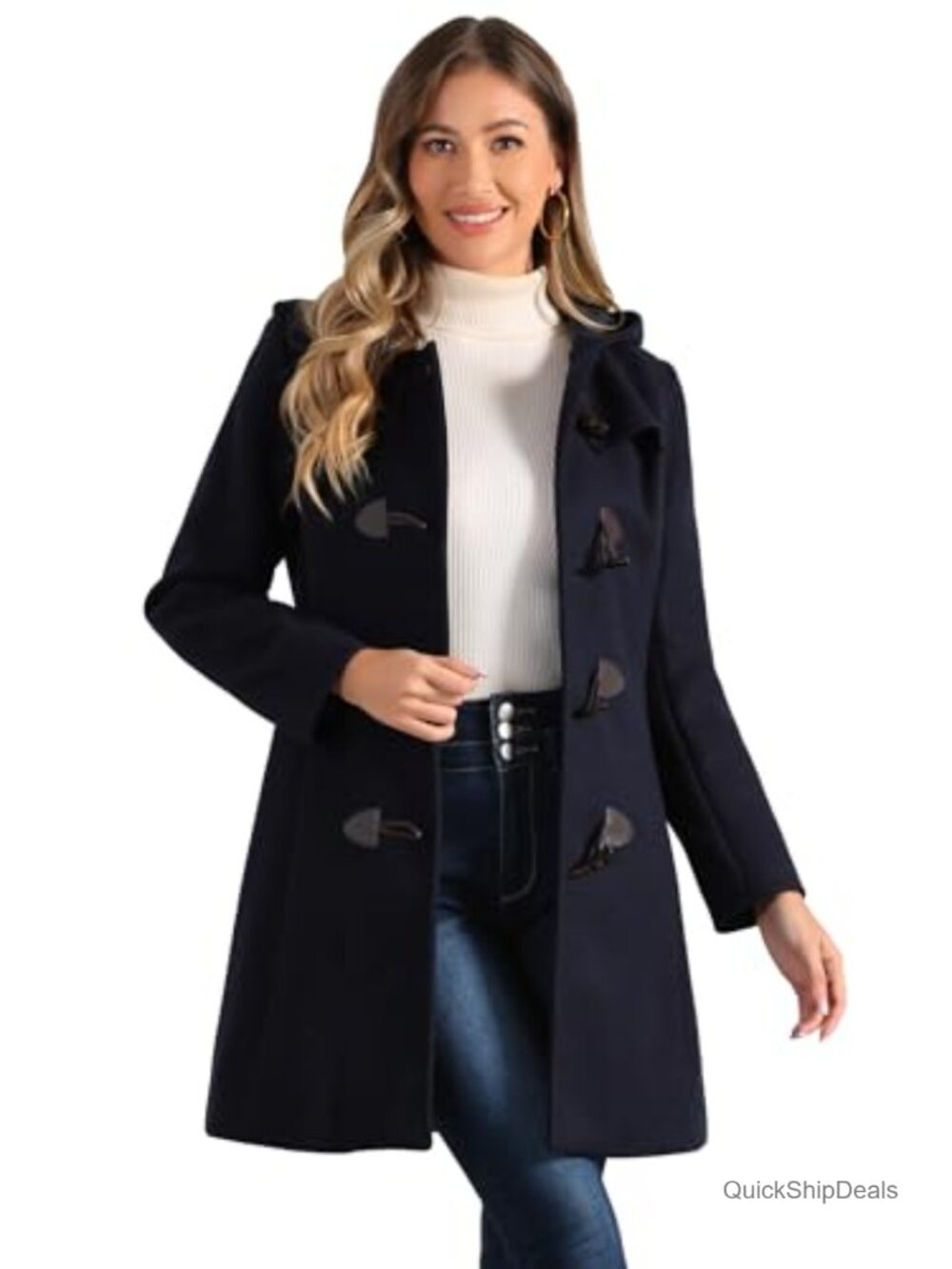 Allegra K Women's Winter Toggle Duffle Long Pea Coat Overcoat Hooded